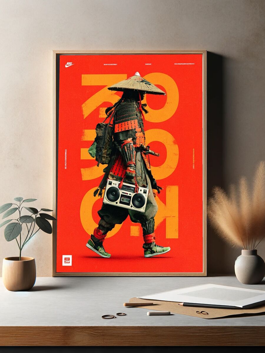 Samurai with Boombox — Urban Art Print. — room view 2