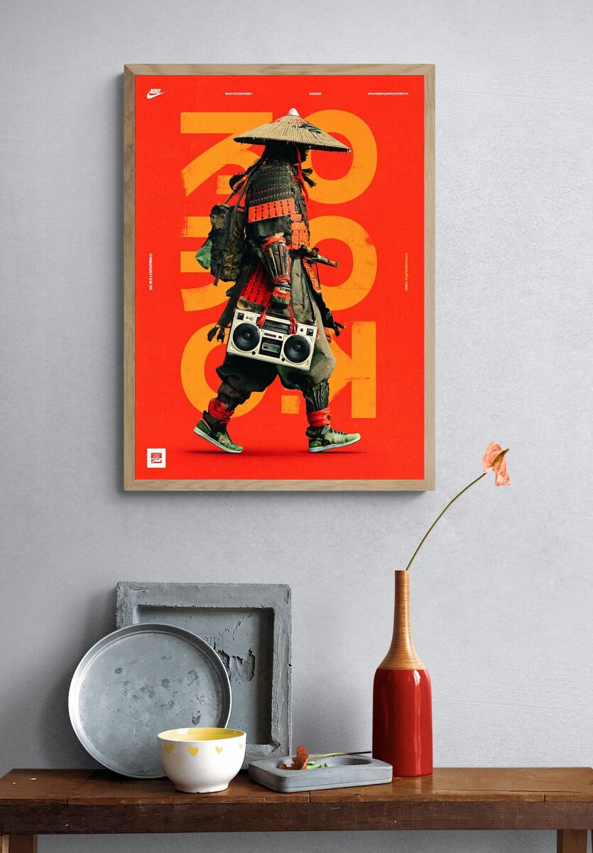 Samurai with Boombox — Urban Art Print. — room view 3