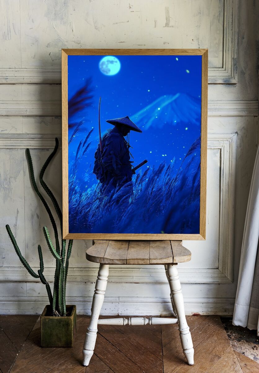 Samurai in Moonlight — Digital Art Print. — room view 1