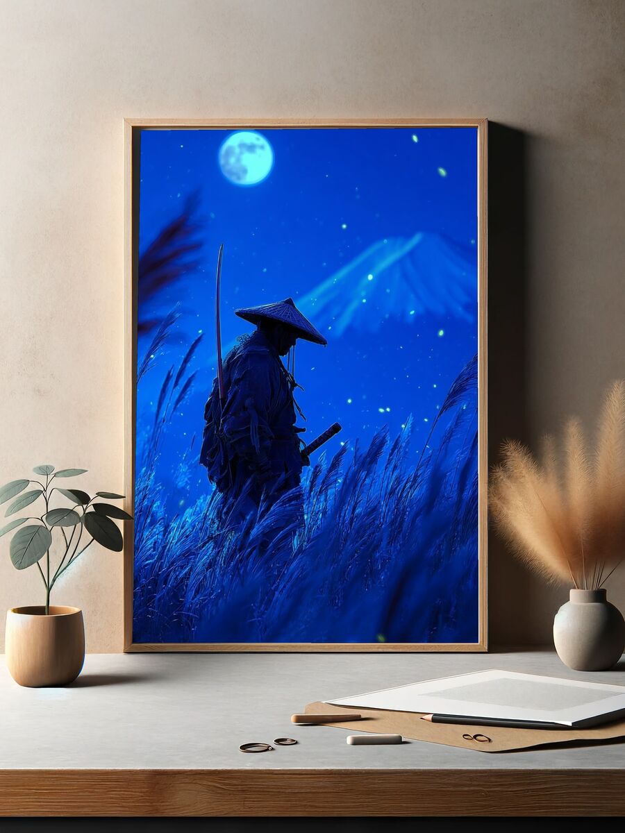 Samurai in Moonlight — Digital Art Print. — room view 2