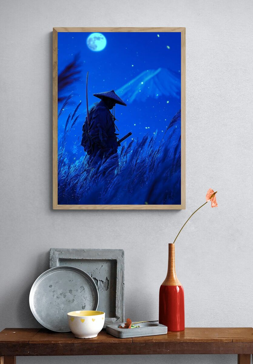 Samurai in Moonlight — Digital Art Print. — room view 3