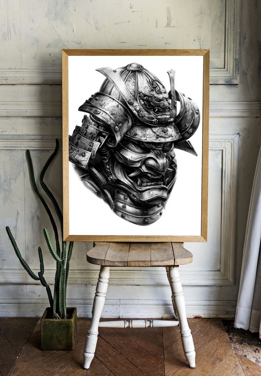 Samurai Helmet — Black-White Print. room preview