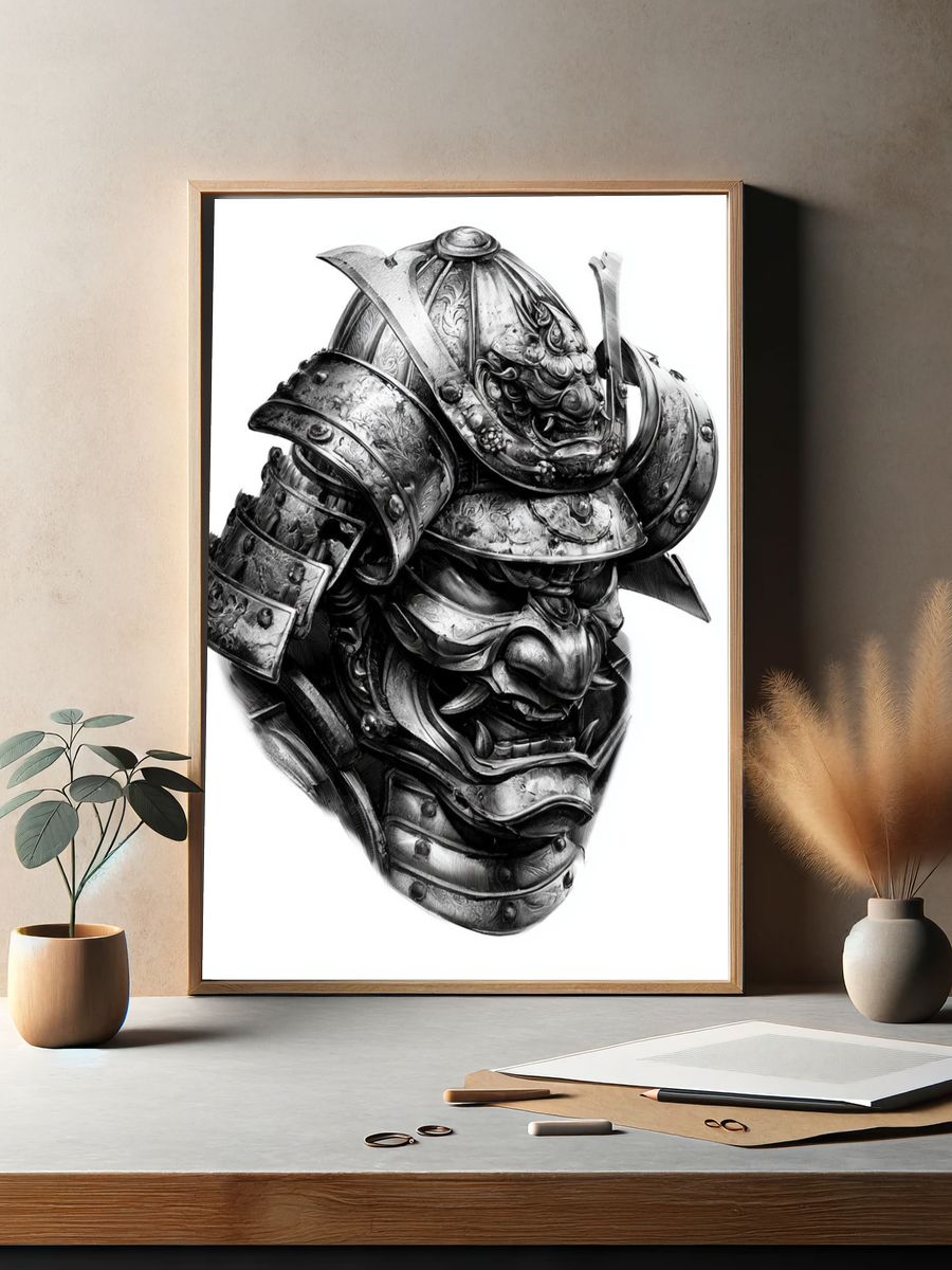 Samurai Helmet — Black-White Print. — room view 2