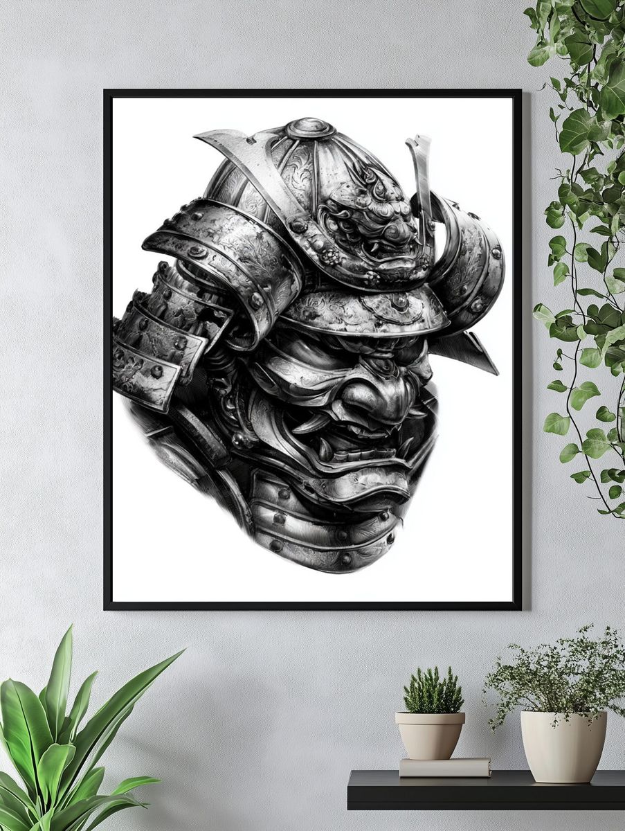 Samurai Helmet — Black-White Print. — room view 4