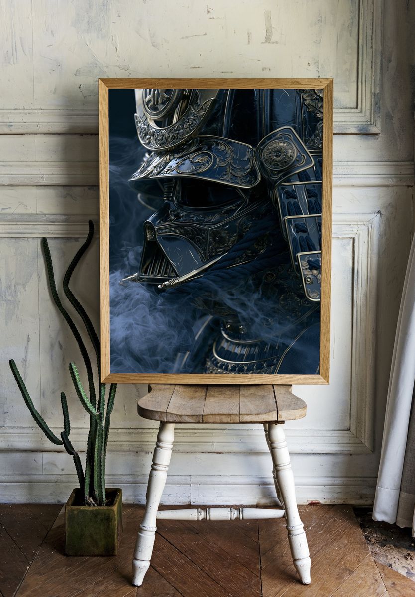 Ornate Samurai Helmet Illustration Print. room preview