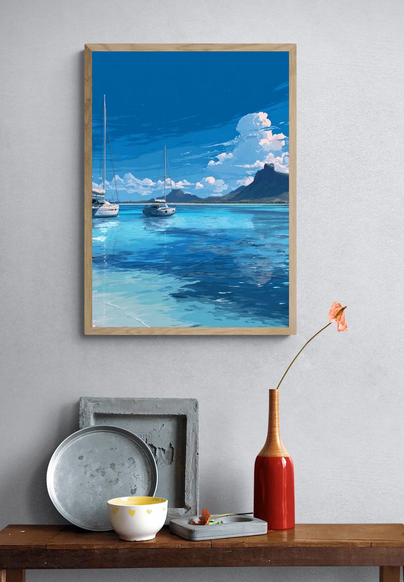 Sailboats on Tranquil Waters — Digital Art Print. — room view 3
