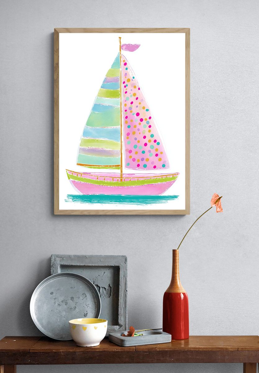 Colorful Sailboat Illustration Poster. — room view 3