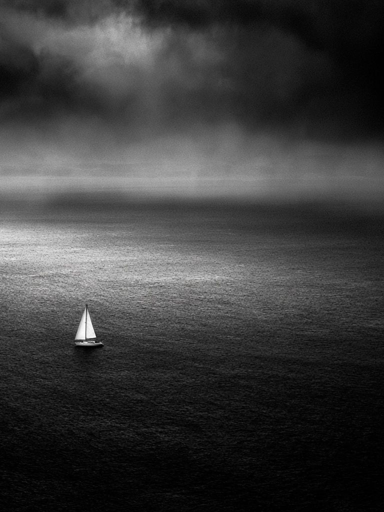 Solitary Sailboat Black-White Poster. poster detail