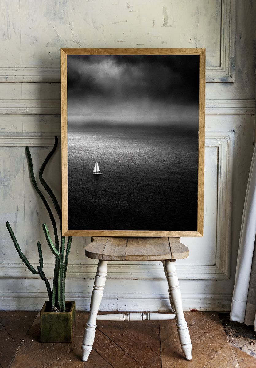 Solitary Sailboat Black-White Poster. room preview