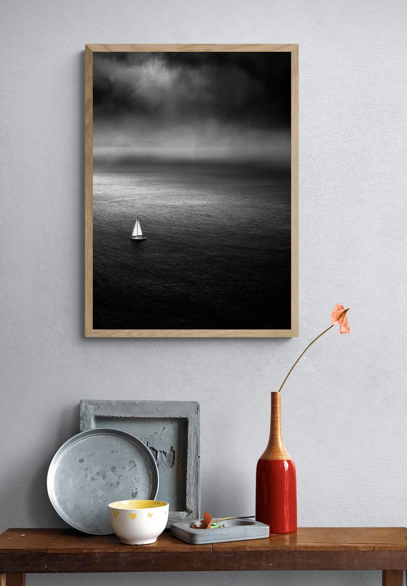 Solitary Sailboat Black-White Poster. — room view 3