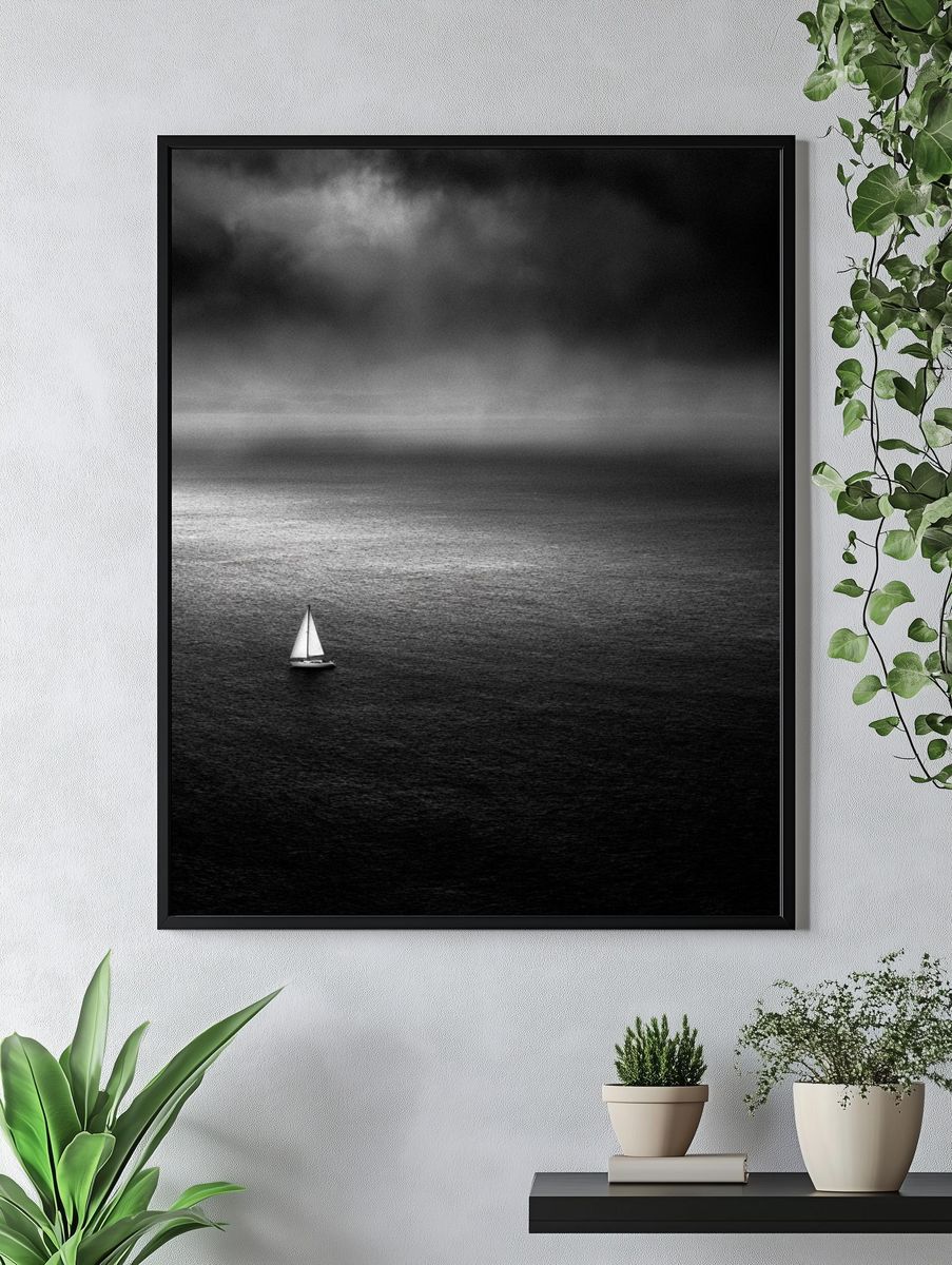Solitary Sailboat Black-White Poster. — room view 4
