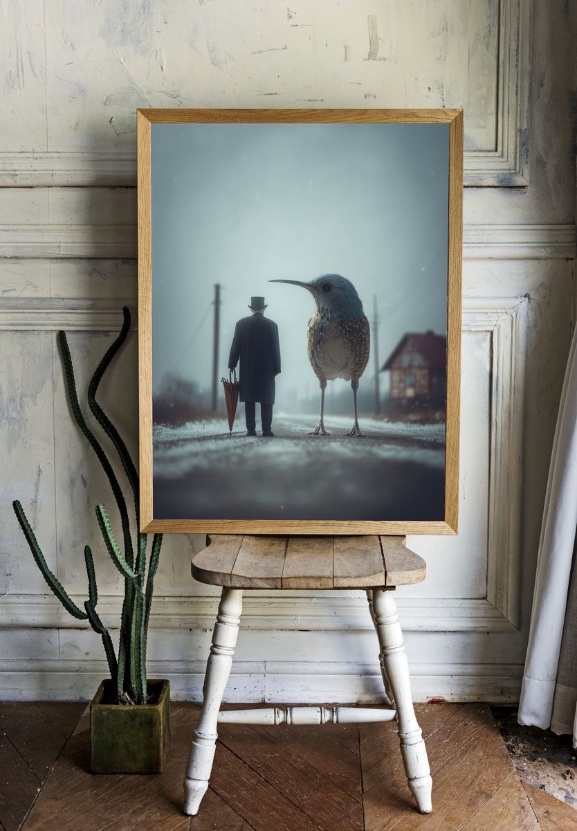 Surreal Bird and Man Poster. — room view 1