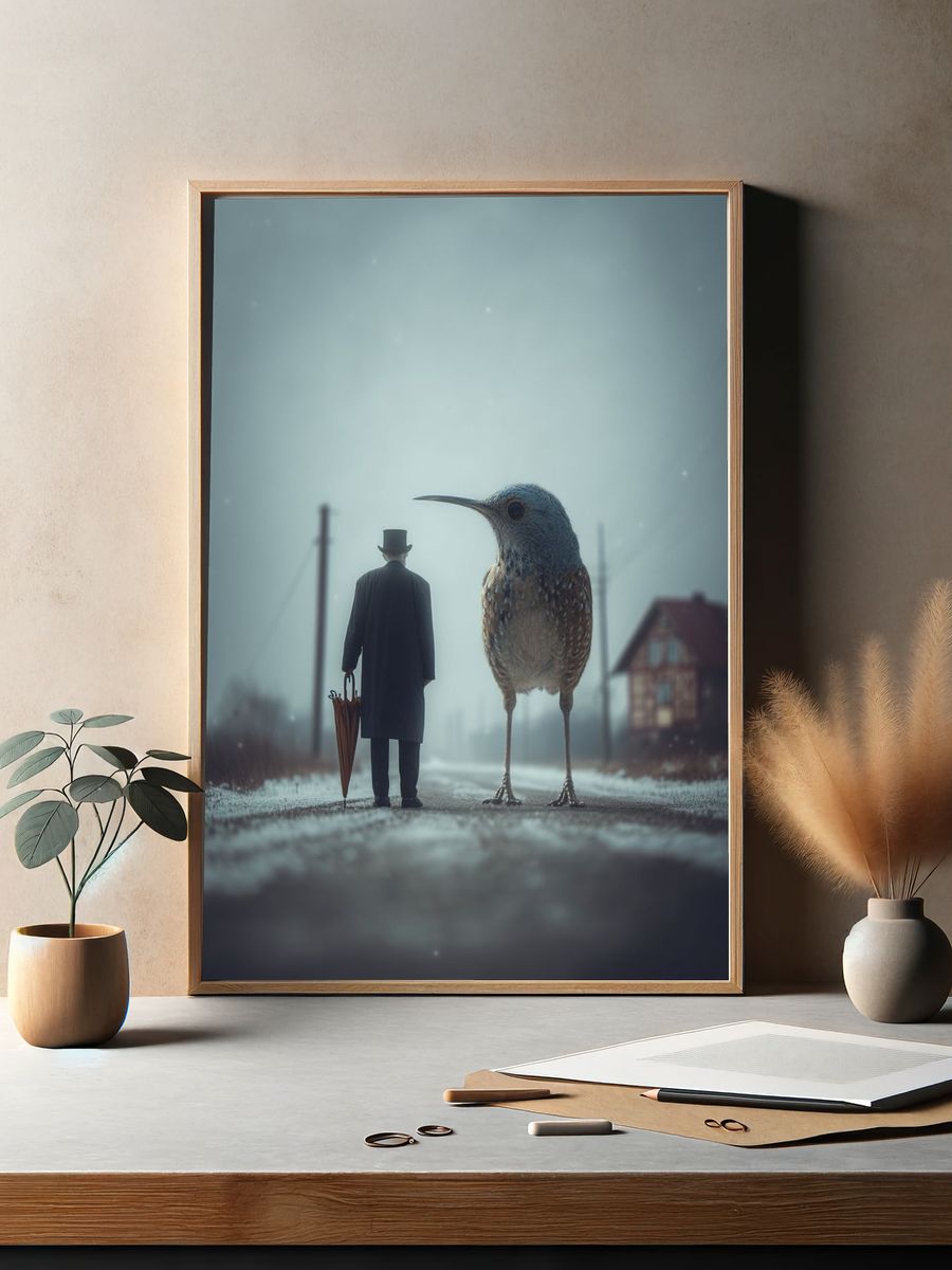 Surreal Bird and Man Poster. — room view 2