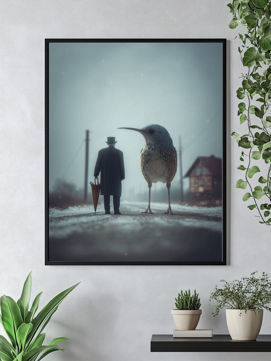 Surreal Bird and Man Poster. — room view 4