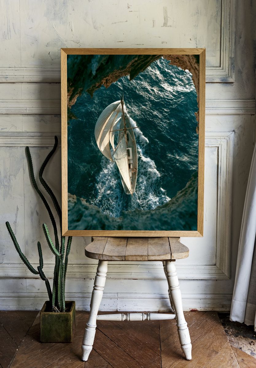 Sailing Boat Over Turquoise Sea Poster. — room view 1