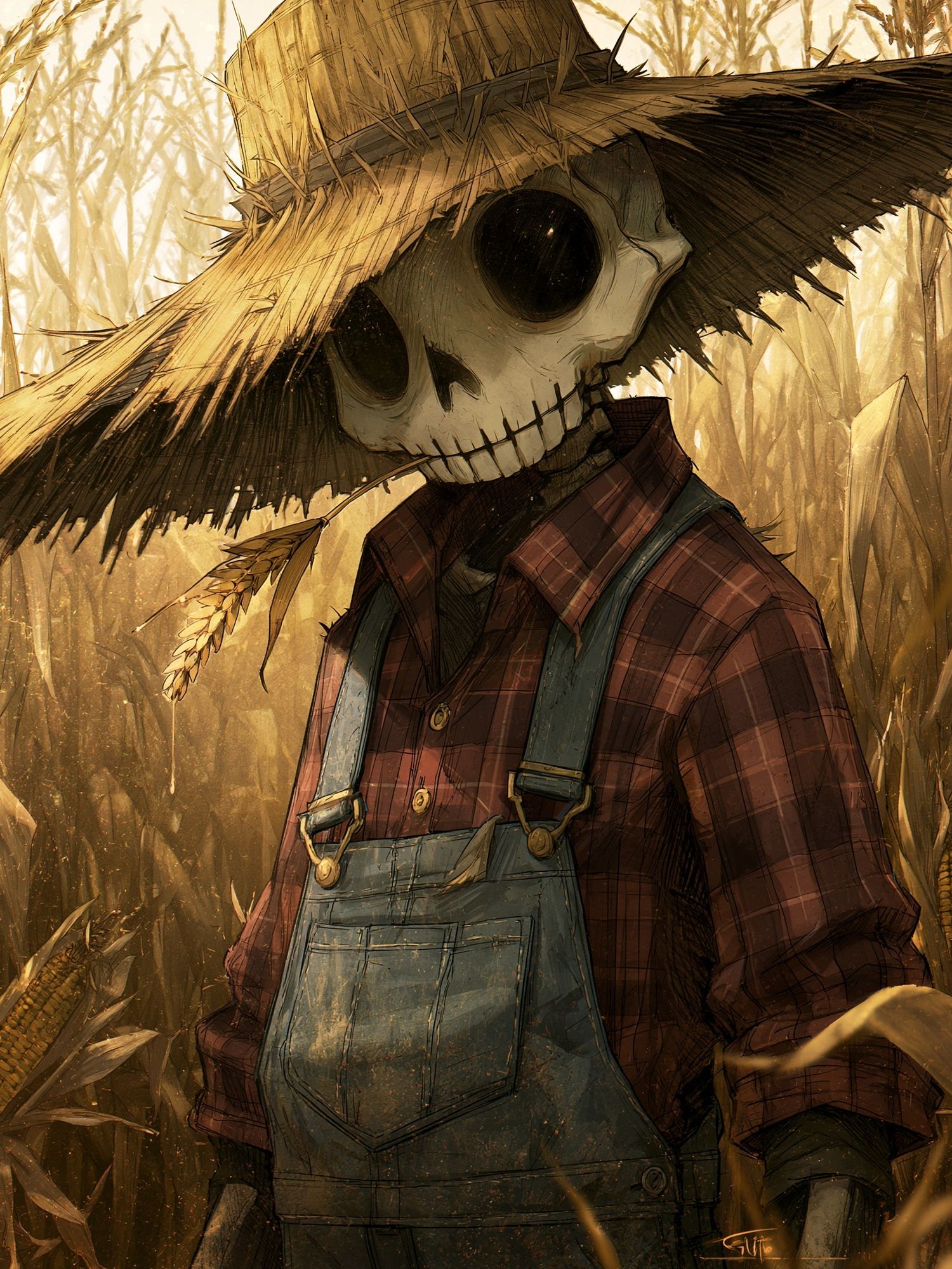 Scarecrow in Cornfield Illustration Poster. poster detail