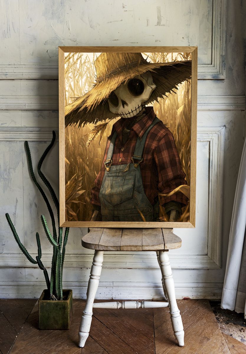 Scarecrow in Cornfield Illustration Poster. — room view 1