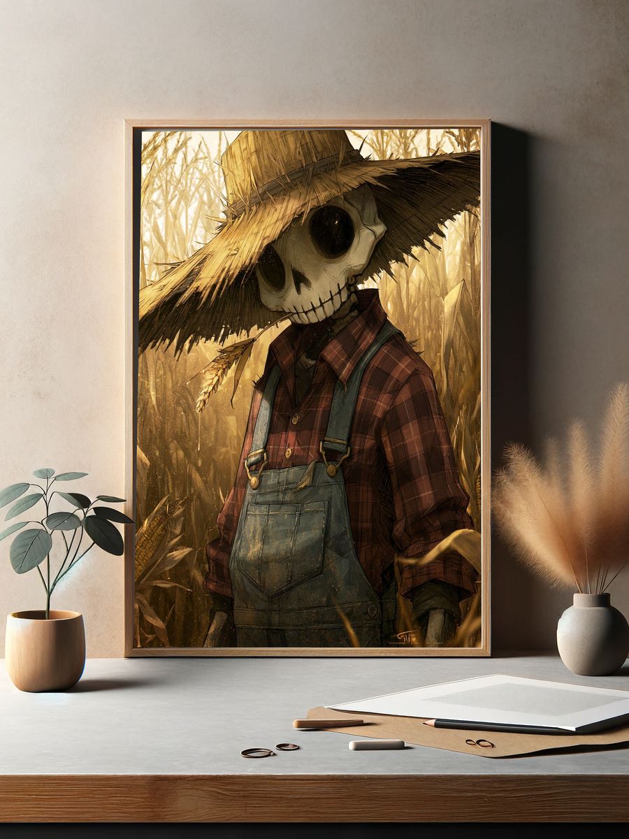 Scarecrow in Cornfield Illustration Poster. — room view 2