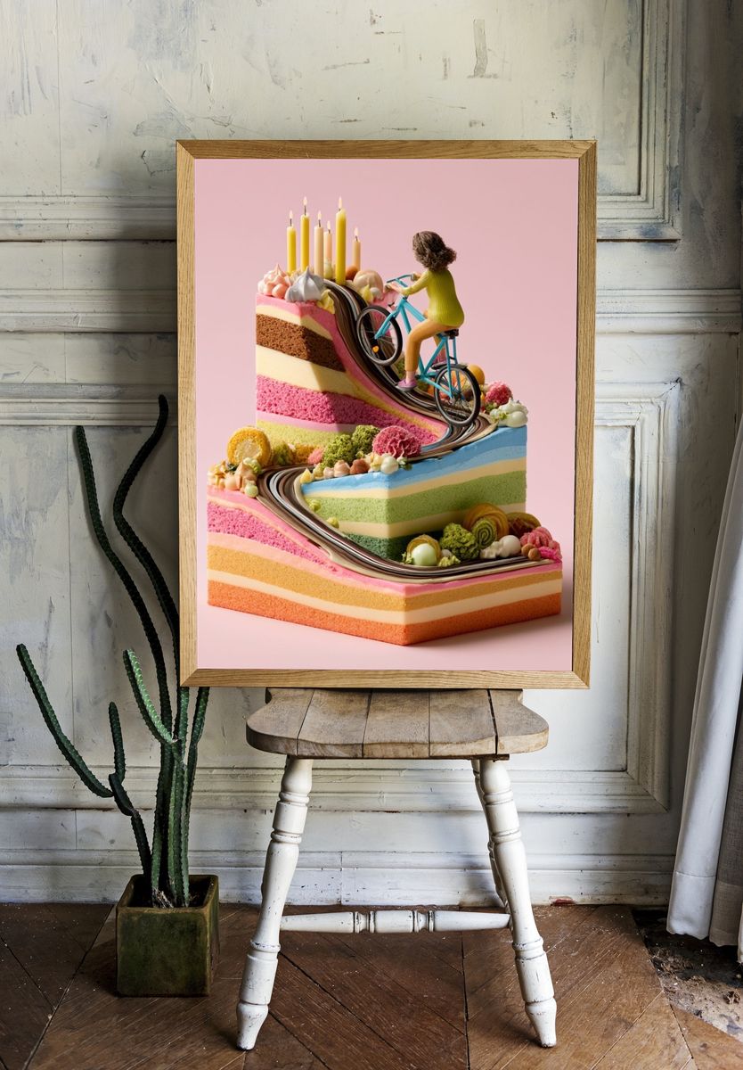 Surreal Cake Cyclist Illustration Poster. room preview