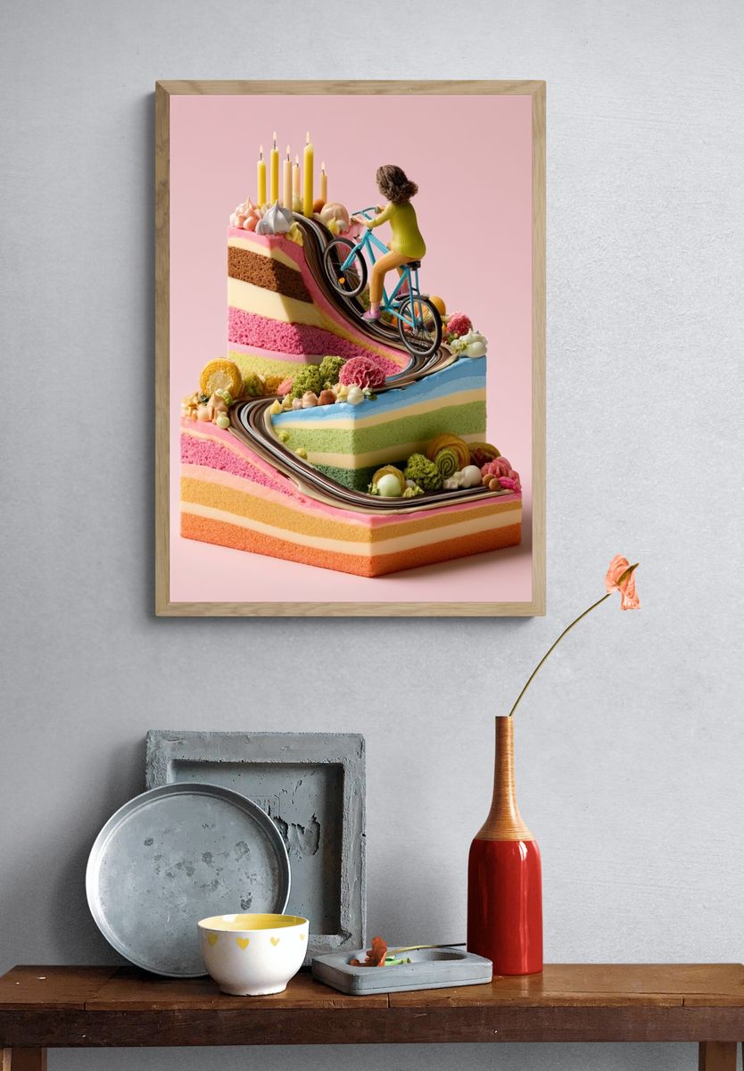 Surreal Cake Cyclist Illustration Poster. — room view 3