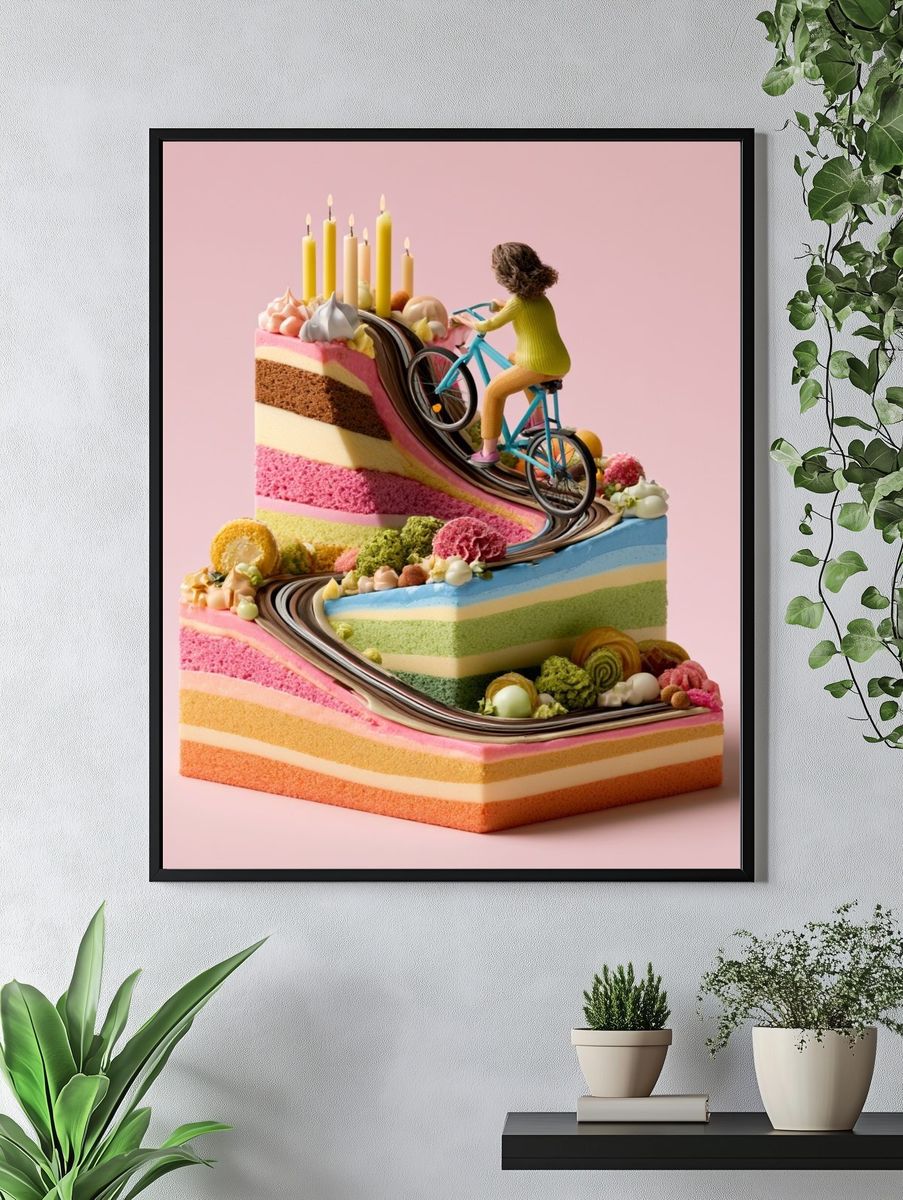 Surreal Cake Cyclist Illustration Poster. — room view 4