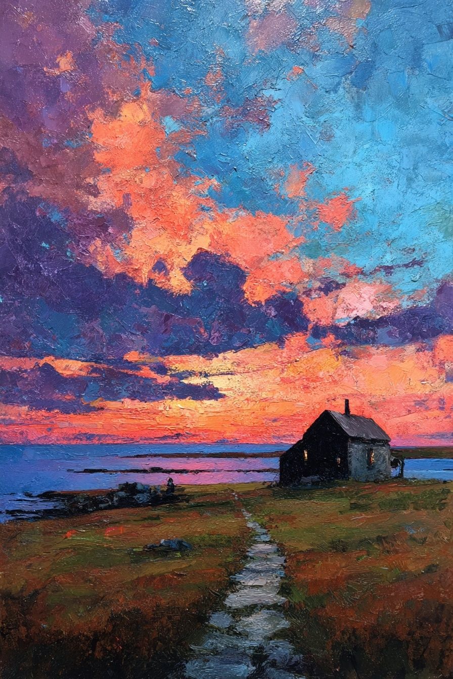 Sunset Over Coastal Cottage — Fine Art Print. poster — fine-art art