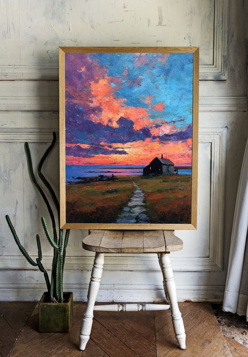 Sunset Over Coastal Cottage — Fine Art Print. — room view 1