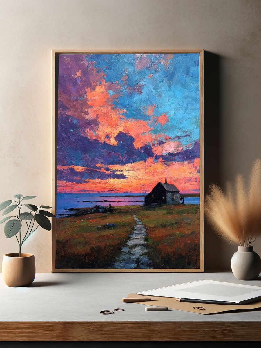 Sunset Over Coastal Cottage — Fine Art Print. — room view 2