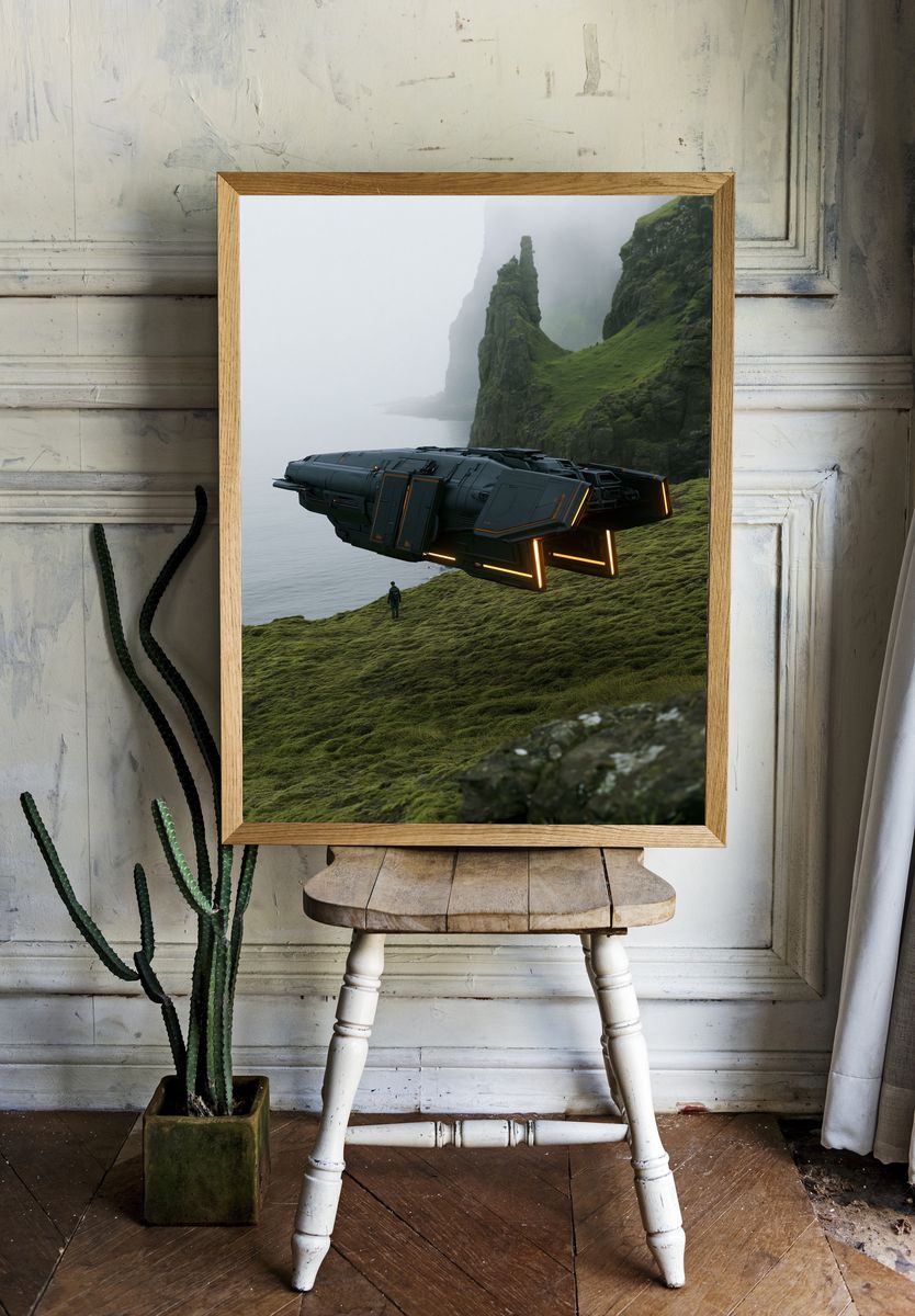 Sci-Fi Hovercraft Cliffside Print. — room view 1
