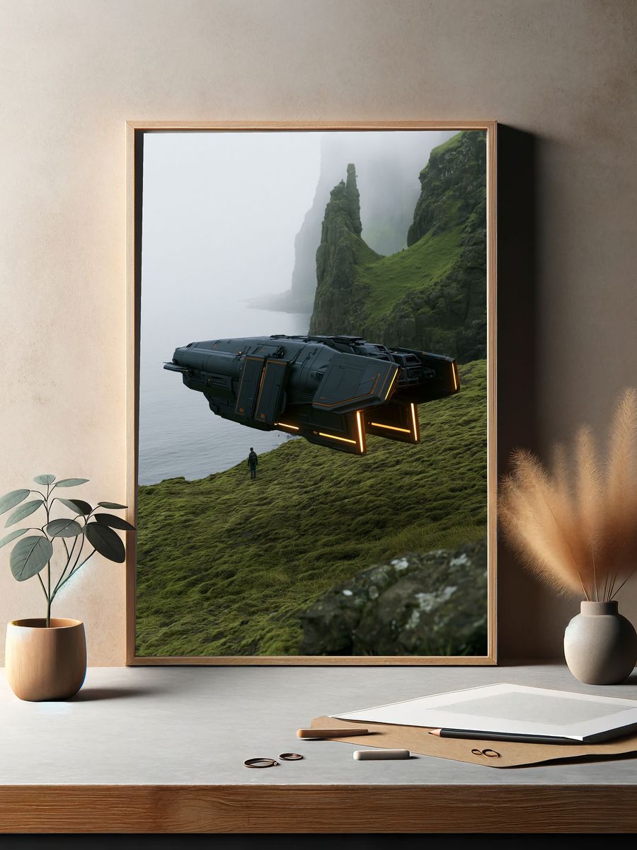 Sci-Fi Hovercraft Cliffside Print. — room view 2