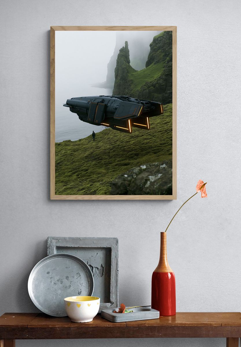 Sci-Fi Hovercraft Cliffside Print. — room view 3