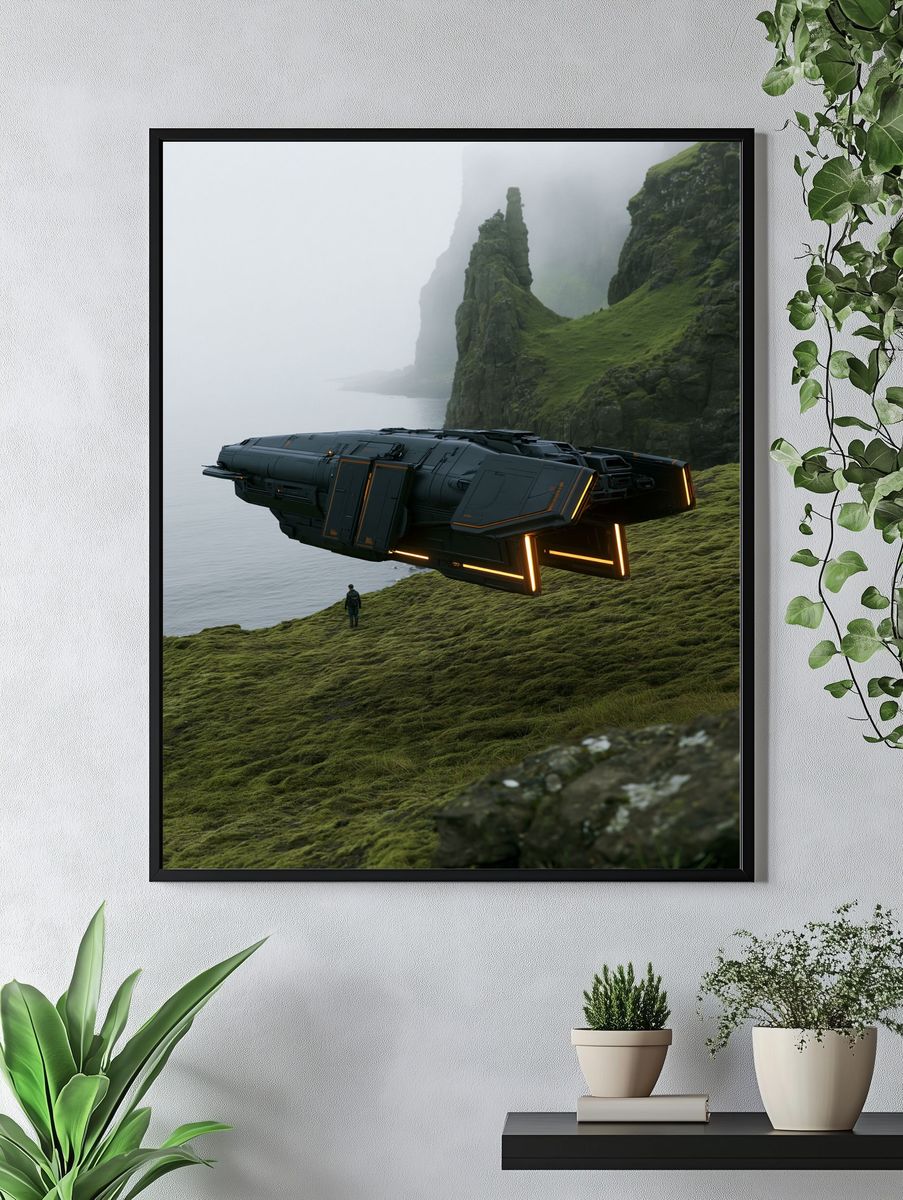 Sci-Fi Hovercraft Cliffside Print. — room view 4