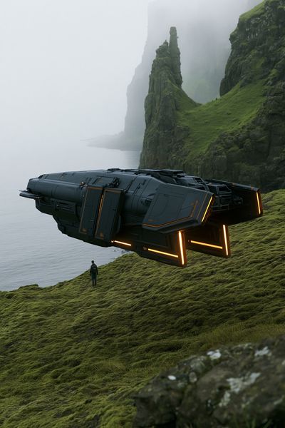 Sci-Fi Hovercraft Cliffside Print.