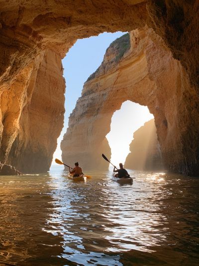 Sea Cave Kayakers Photography Poster. poster