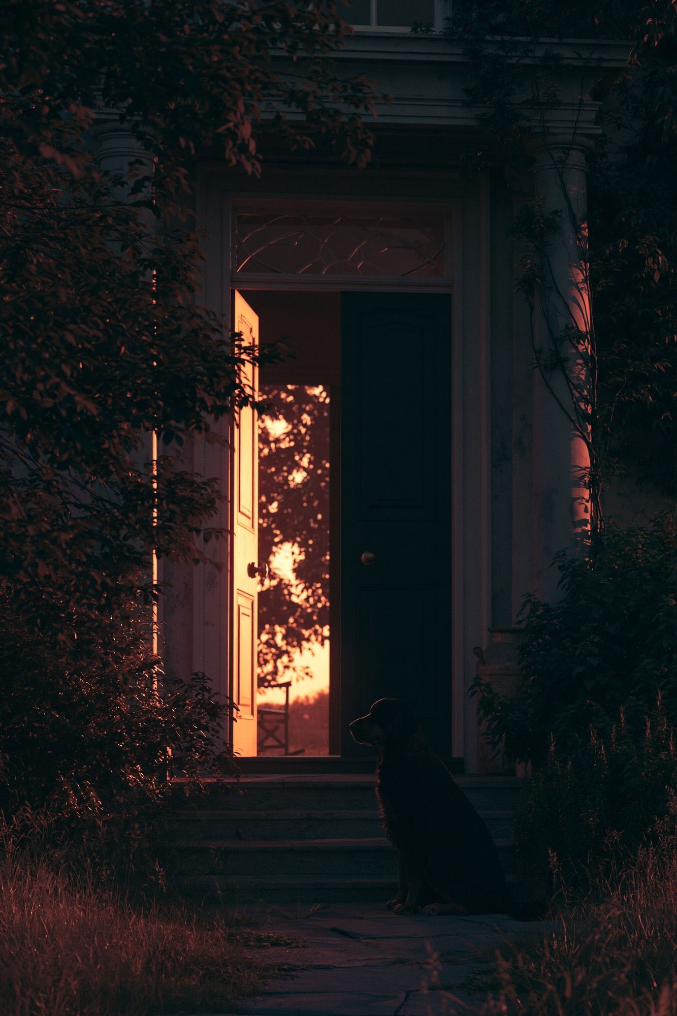 Sunset Doorway with Dog Poster. poster detail