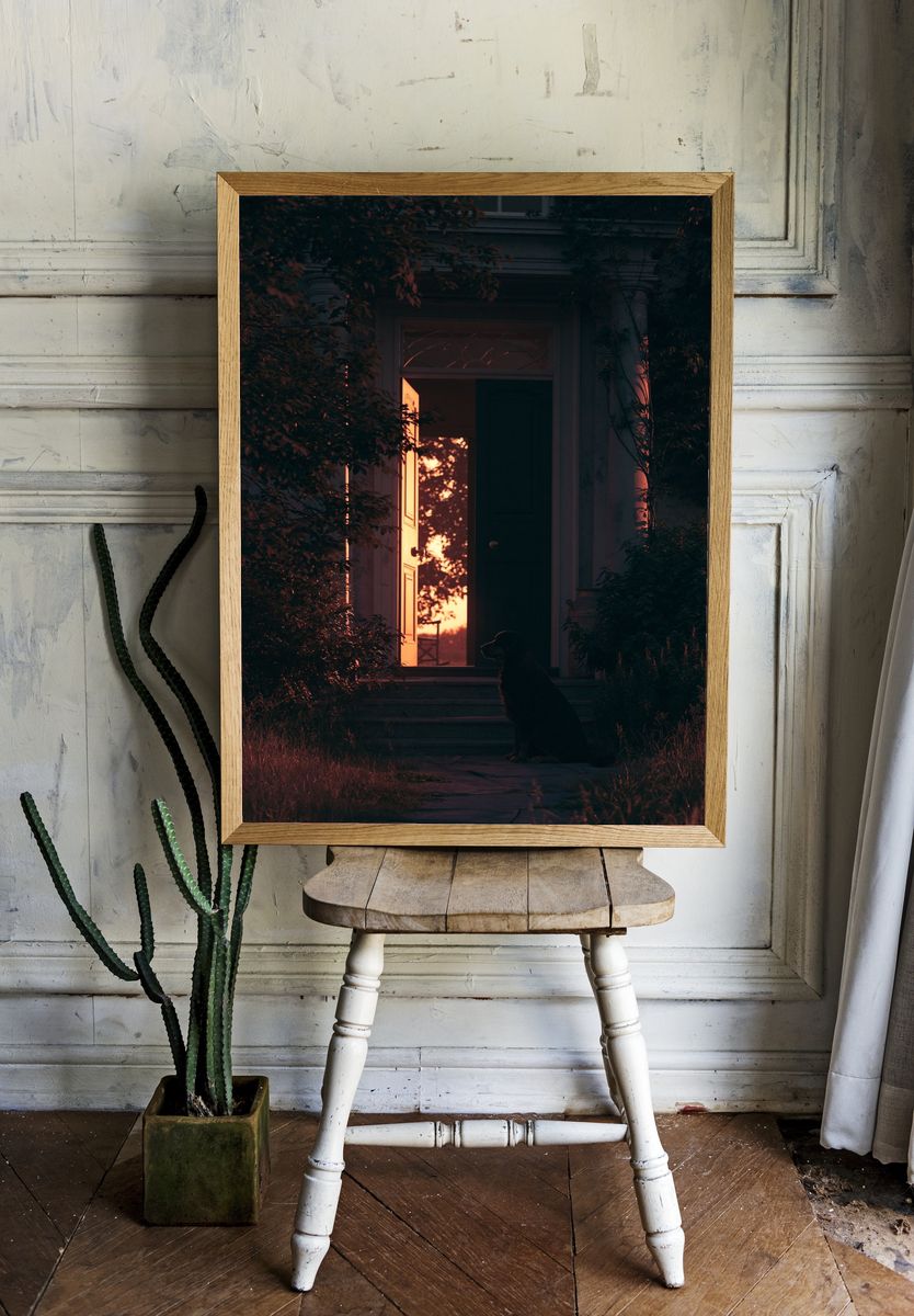 Sunset Doorway with Dog Poster. room preview