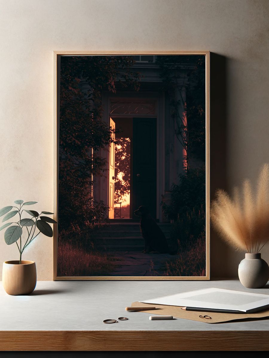 Sunset Doorway with Dog Poster. — room view 2