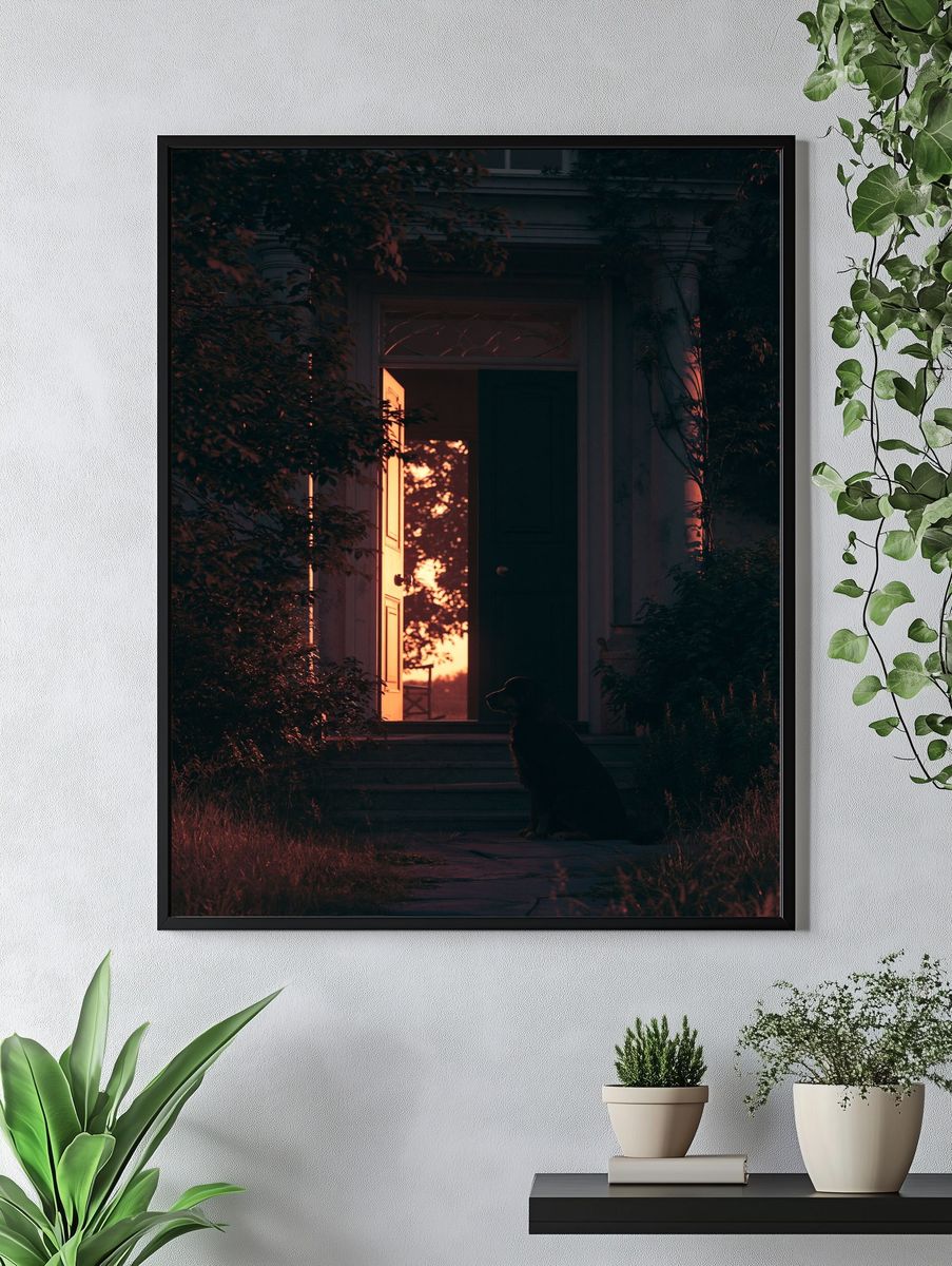 Sunset Doorway with Dog Poster. — room view 4