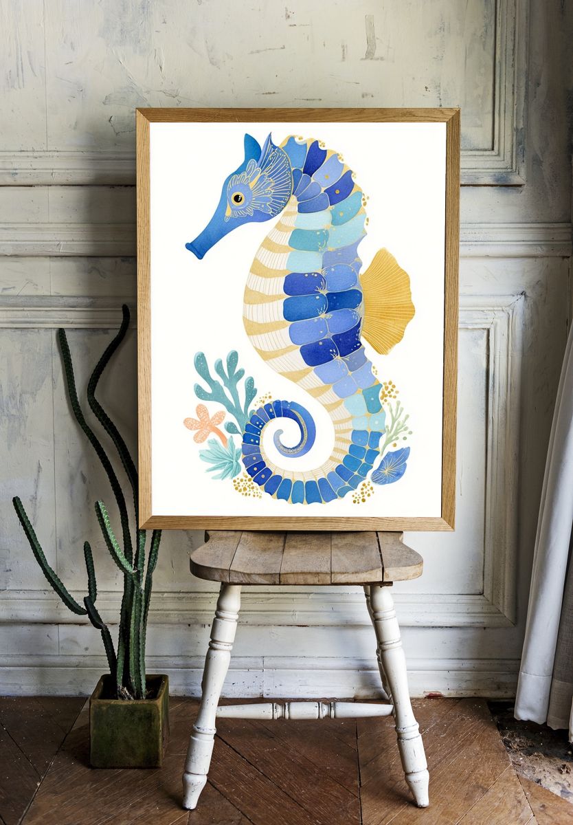 Colorful Seahorse Illustration Poster. — room view 1