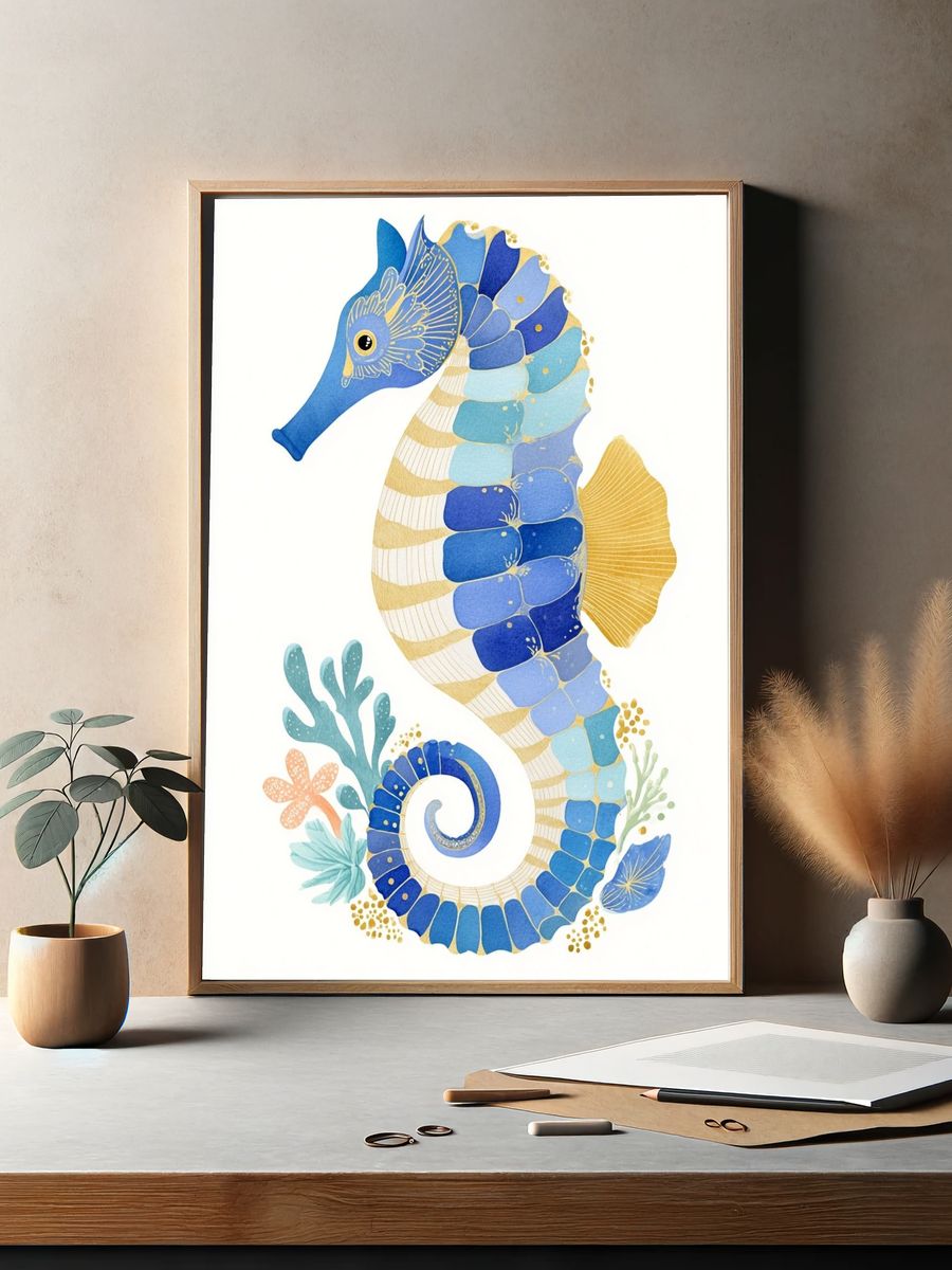 Colorful Seahorse Illustration Poster. — room view 2