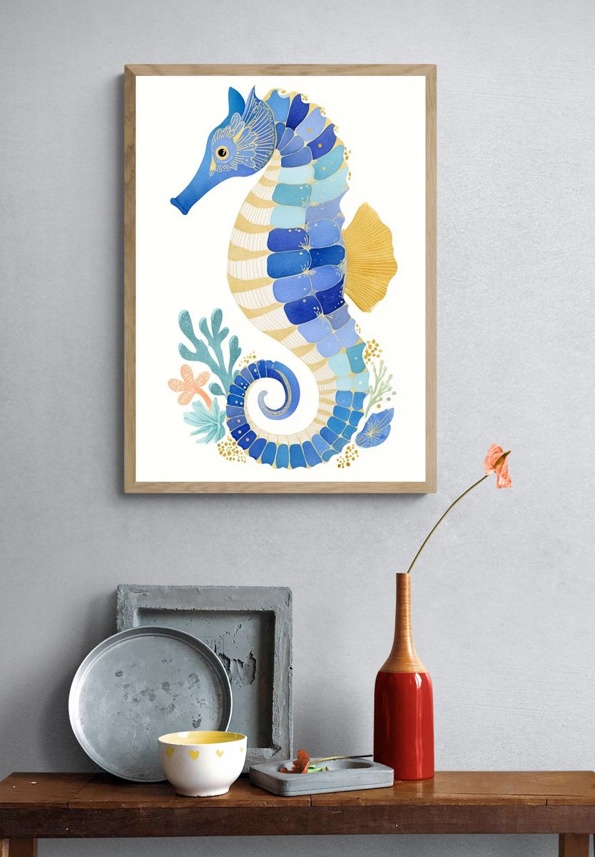 Colorful Seahorse Illustration Poster. — room view 3