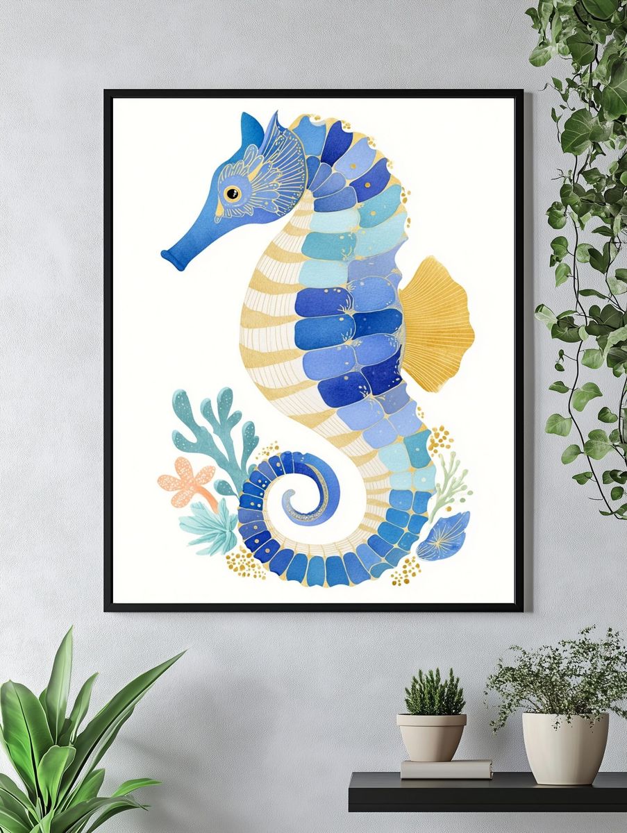 Colorful Seahorse Illustration Poster. — room view 4