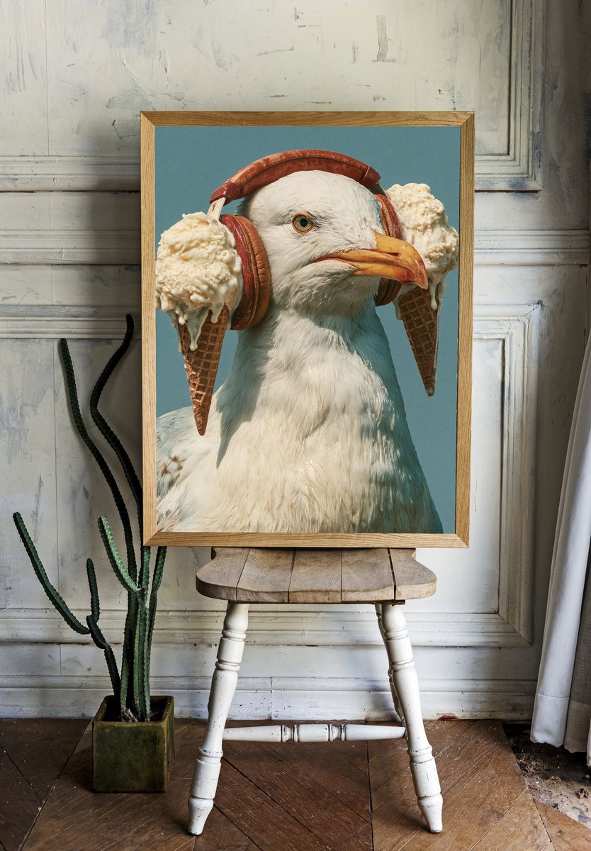 Seagull with Ice Cream Headphones Poster. room preview