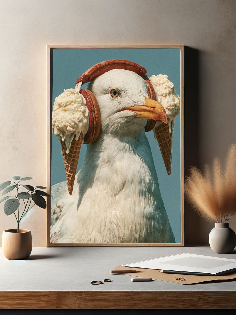 Seagull with Ice Cream Headphones Poster. — room view 2