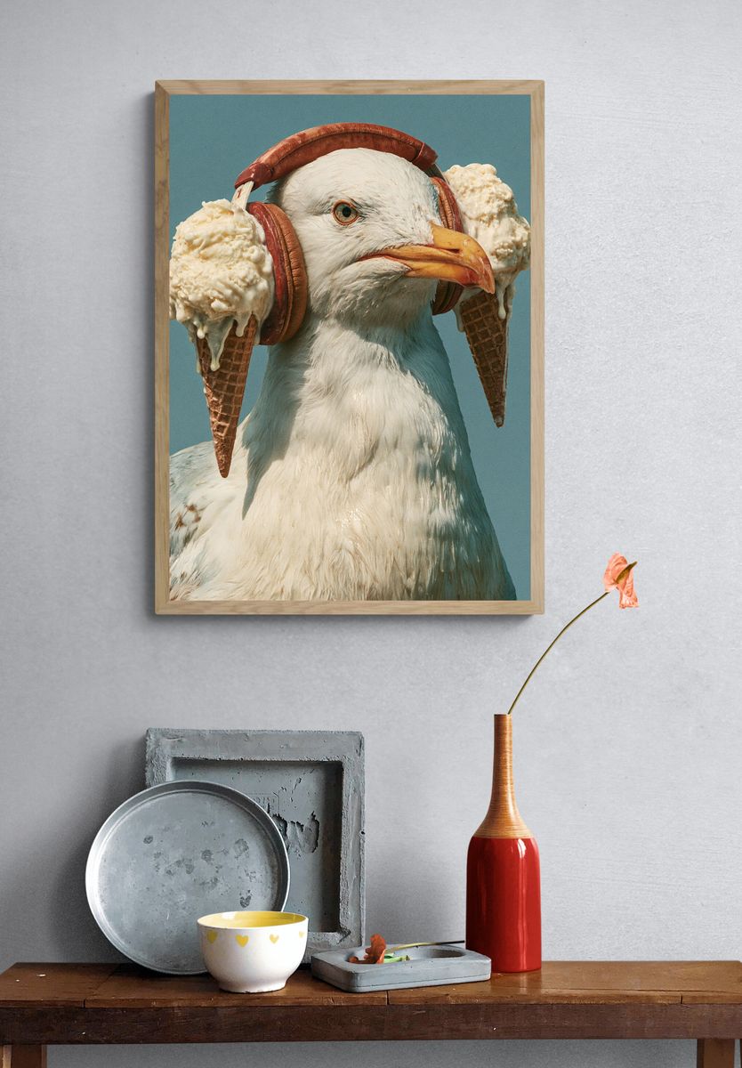 Seagull with Ice Cream Headphones Poster. — room view 3