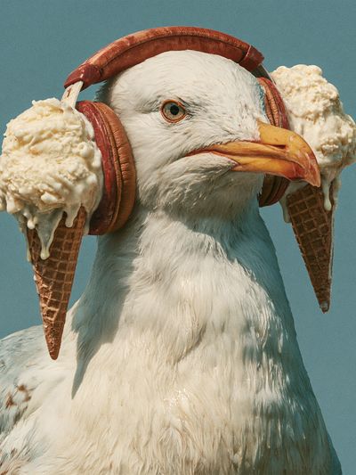 Seagull with Ice Cream Headphones Poster.