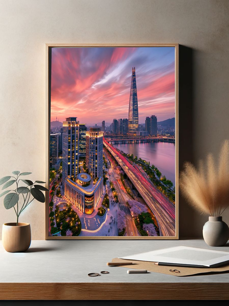 Seoul Skyline Sunset Poster. — room view 2