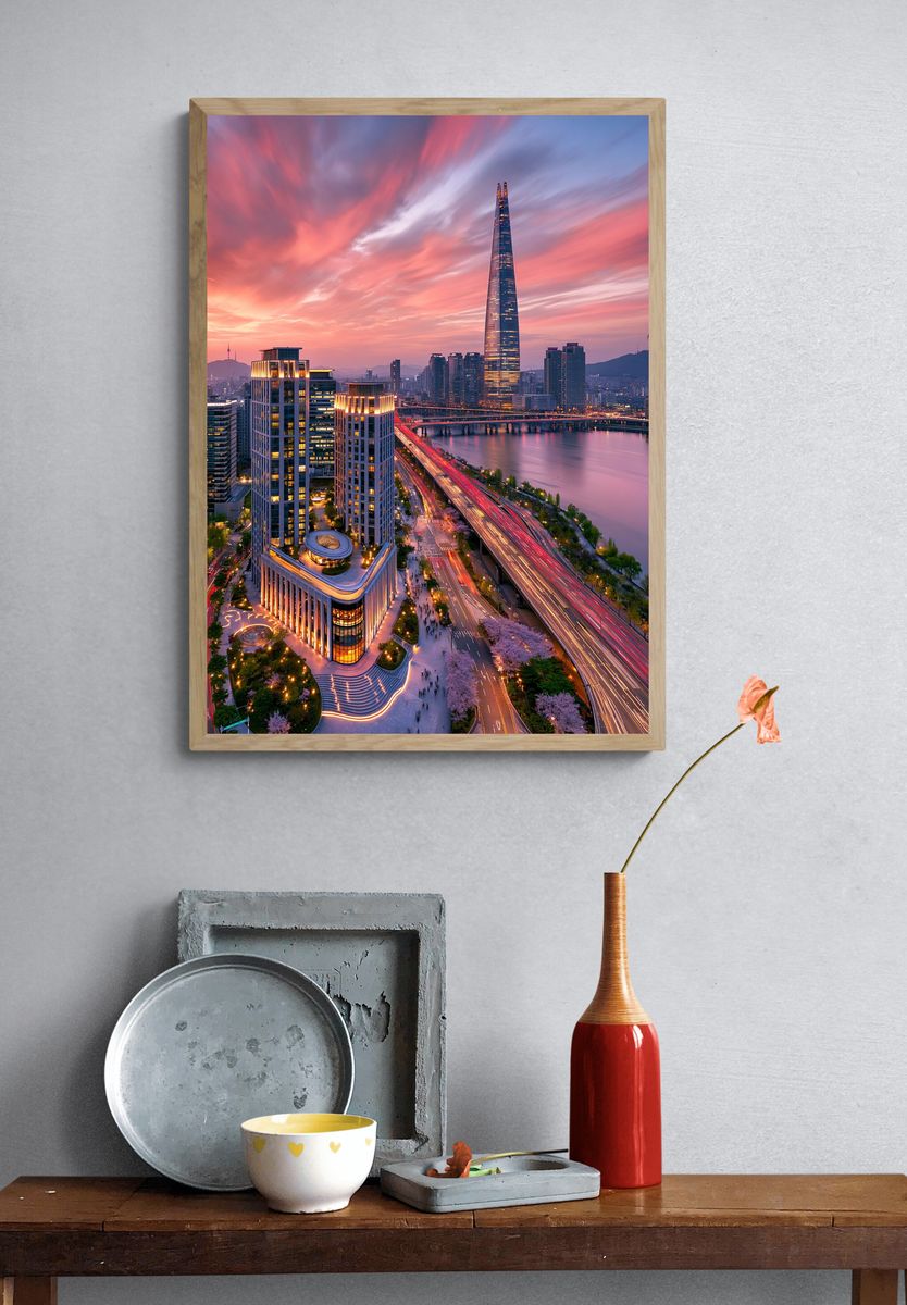 Seoul Skyline Sunset Poster. — room view 3