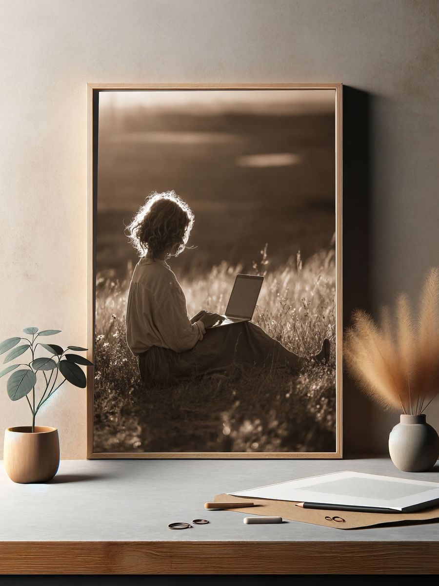 Sepia Field Laptop Portrait Print. — room view 2