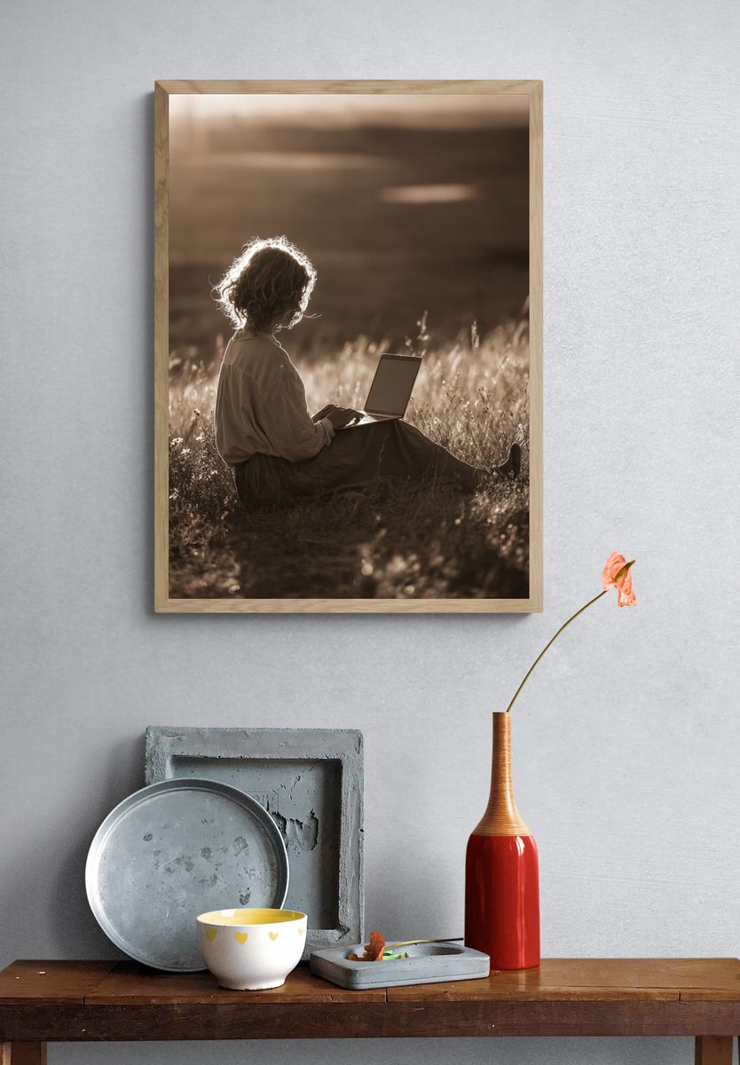 Sepia Field Laptop Portrait Print. — room view 3